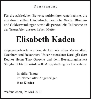 Traueranzeige von Elisabeth Kaden  von Magdeburger Volksstimme