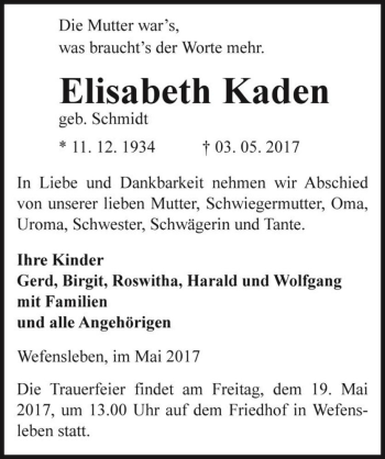 Traueranzeige von Elisabeth Kaden (geb. Schmidt)  von Magdeburger Volksstimme