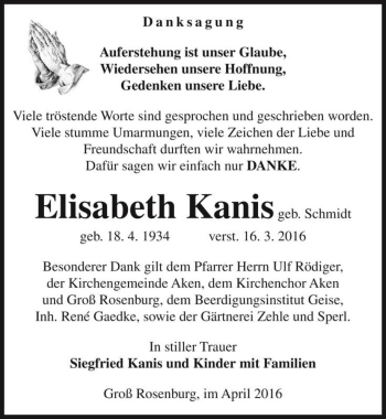 Traueranzeige von Elisabeth Kanis (geb. Schmidt)  von Magdeburger Volksstimme
