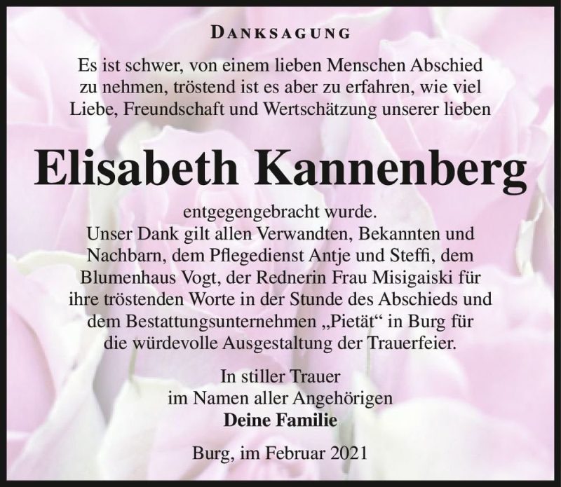  Traueranzeige für Elisabeth Kannenberg  vom 20.02.2021 aus Magdeburger Volksstimme