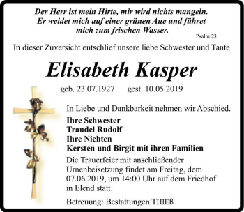 Traueranzeige von Elisabeth Kasper  von Magdeburger Volksstimme