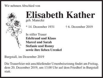 Traueranzeige von Elisabeth Kather (geb. Manecke)  von Magdeburger Volksstimme