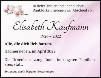 Traueranzeige von Elisabeth Kaufmann  von Magdeburger Volksstimme