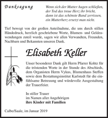 Traueranzeige von Elisabeth Keller  von Magdeburger Volksstimme