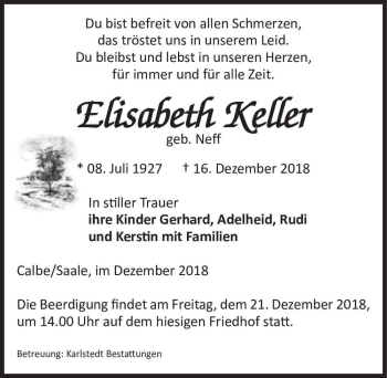Traueranzeige von Elisabeth Keller (geb. Neff)  von Magdeburger Volksstimme
