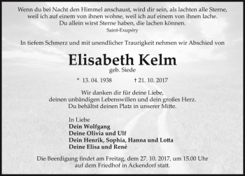 Traueranzeige von Elisabeth Kelm (geb. Siede)  von Magdeburger Volksstimme