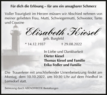 Traueranzeige von Elisabeth Kiesel (geb. Burgfeld)  von Magdeburger Volksstimme
