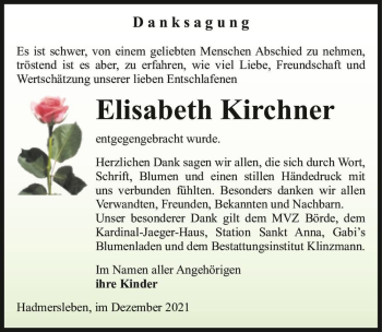 Traueranzeige von Elisabeth Kirchner  von Magdeburger Volksstimme