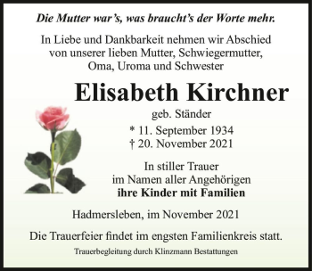 Traueranzeige von Elisabeth Kirchner (geb. Ständer)  von Magdeburger Volksstimme