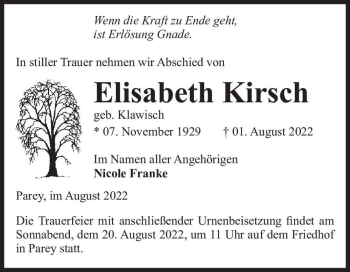 Traueranzeige von Elisabeth Kirsch (geb. Klawisch)  von Magdeburger Volksstimme