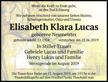 Traueranzeige von Elisabeth Klara Lucas (geb. Neumeister)  von Magdeburger Volksstimme