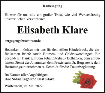 Traueranzeige von Elisabeth Klare  von Magdeburger Volksstimme