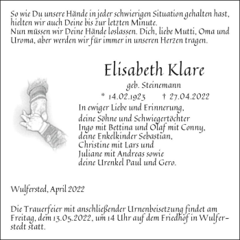Traueranzeige von Elisabeth Klare (geb. Steinemann)  von Magdeburger Volksstimme
