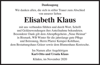 Traueranzeige von Elisabeth Klaus  von Magdeburger Volksstimme