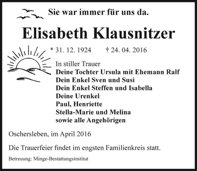  Traueranzeige für Elisabeth Klausnitzer  vom 30.04.2016 aus Magdeburger Volksstimme
