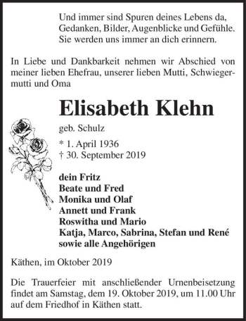 Traueranzeige von Elisabeth Klehn (geb. Schulz)  von Magdeburger Volksstimme
