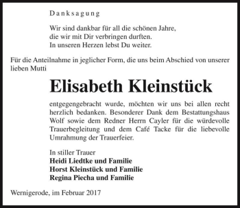 Traueranzeige von Elisabeth Kleinstück  von Magdeburger Volksstimme