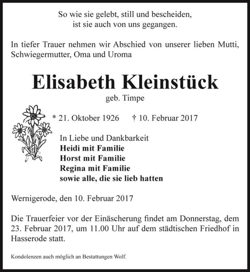  Traueranzeige für Elisabeth Kleinstück (geb. Timpe)  vom 18.02.2017 aus Magdeburger Volksstimme