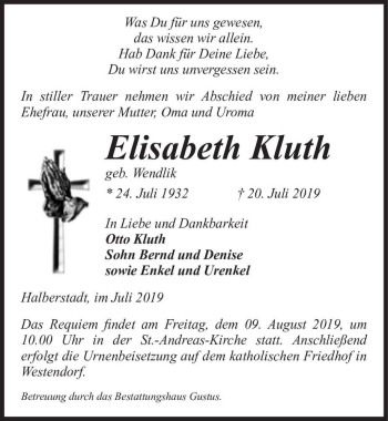 Traueranzeige von Elisabeth Klug (geb. Wendlik)  von Magdeburger Volksstimme