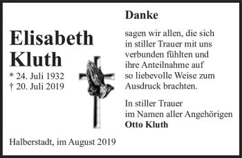 Traueranzeige von Elisabeth Kluth  von Magdeburger Volksstimme