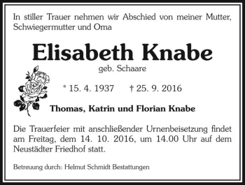 Traueranzeige von Elisabeth Knabe (geb. Schaare)  von Magdeburger Volksstimme