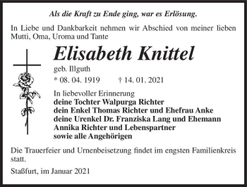 Traueranzeige von Elisabeth Knittel (geb. Illguth)  von Magdeburger Volksstimme