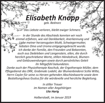 Traueranzeige von Elisabeth Knopp (geb. Bednorz)  von Magdeburger Volksstimme