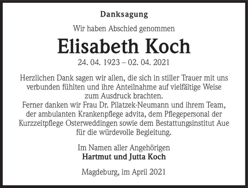  Traueranzeige für Elisabeth Koch  vom 24.04.2021 aus Magdeburger Volksstimme