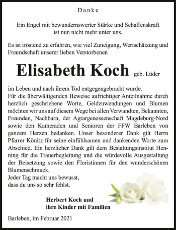 Traueranzeige von Elisabeth Koch (geb. Lüder)  von Magdeburger Volksstimme