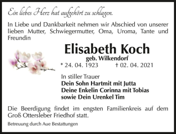 Traueranzeige von Elisabeth Koch (geb. Wilkendorf)  von Magdeburger Volksstimme