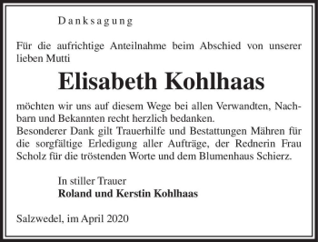 Traueranzeige von Elisabeth Kohlhaas  von Magdeburger Volksstimme