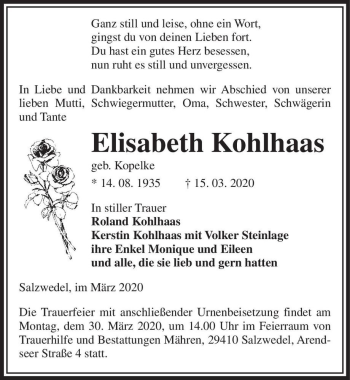 Traueranzeige von Elisabeth Kohlhaas (geb. Kopelke)  von Magdeburger Volksstimme