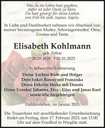 Traueranzeige von Elisabeth Kohlmann (geb. Fehse)  von Magdeburger Volksstimme