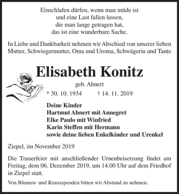 Traueranzeige von Elisabeth Konitz (geb. Ahnert)  von Magdeburger Volksstimme