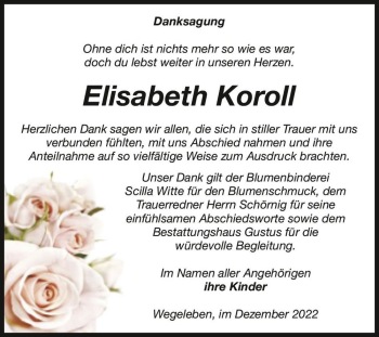 Traueranzeige von Elisabeth Koroll  von Magdeburger Volksstimme