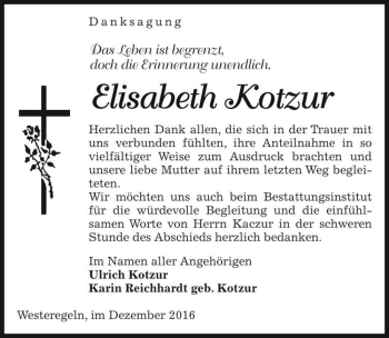 Traueranzeige von Elisabeth Kotzur  von Magdeburger Volksstimme