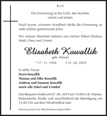 Traueranzeige von Elisabeth Kowallik (geb. Felsner)  von Magdeburger Volksstimme
