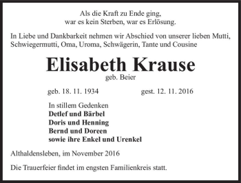 Traueranzeige von Elisabeth Krause (geb. Beier)  von Magdeburger Volksstimme