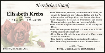 Traueranzeige von Elisabeth Krebs (geb. Diesing)  von Magdeburger Volksstimme