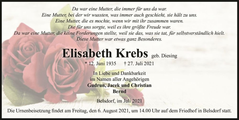  Traueranzeige für Elisabeth Krebs (geb. Diesing)  vom 31.07.2021 aus Magdeburger Volksstimme