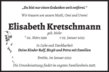 Traueranzeige von Elisabeth Kretschmann (geb. Mohr)  von Magdeburger Volksstimme