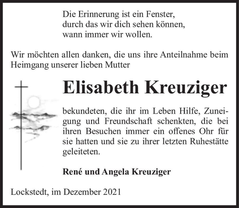  Traueranzeige für Elisabeth Kreuziger  vom 18.12.2021 aus Magdeburger Volksstimme