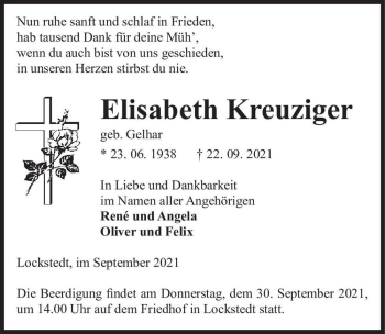 Traueranzeige von Elisabeth Kreuziger (geb. Gelhar)  von Magdeburger Volksstimme