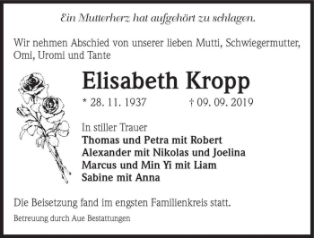 Traueranzeige von Elisabeth Kropp  von Magdeburger Volksstimme