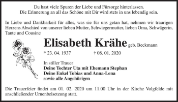 Traueranzeige von Elisabeth Krähe (geb. Beckmann)  von Magdeburger Volksstimme