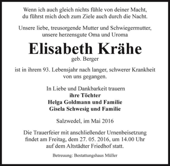 Traueranzeige von Elisabeth Krähe (geb. Berger)  von Magdeburger Volksstimme