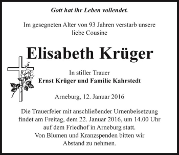 Traueranzeige von Elisabeth Krüger  von Magdeburger Volksstimme