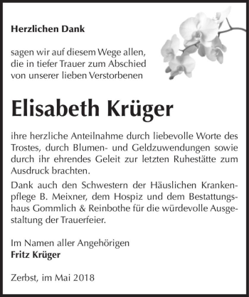 Traueranzeige von Elisabeth Krüger  von Magdeburger Volksstimme
