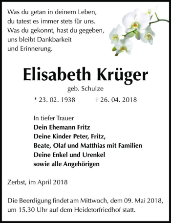 Traueranzeige von Elisabeth Krüger (geb. Schulze)  von Magdeburger Volksstimme