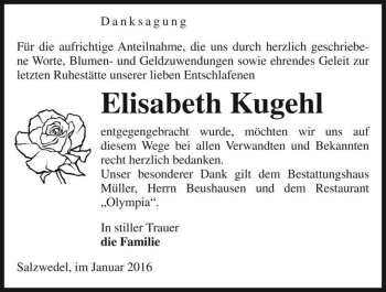 Traueranzeige von Elisabeth Kugehl  von Magdeburger Volksstimme